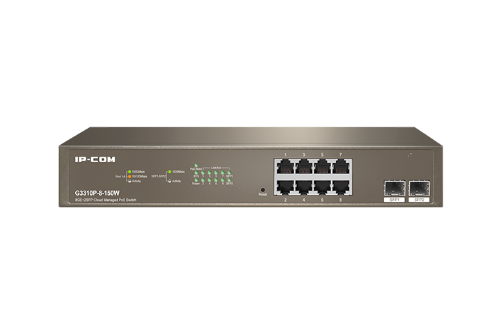 IP-Com G3310P 8 Port Gigabit + 2x1GB SFP Uplink L2/Cloud Yönetilebilir Rack 130W Poe Switch