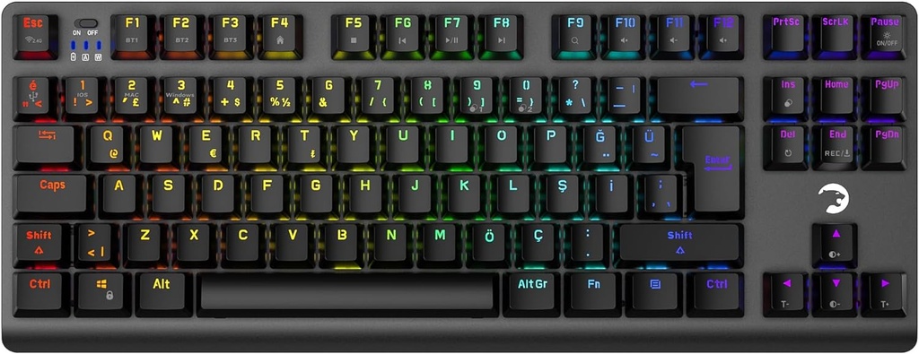 GamePower Eva 7 60M Mekanik Kablolu, 2.4Ghz, Bluetooth 3 Mod Blue Switch 88 Tuş USB RGB Gaming Klavye