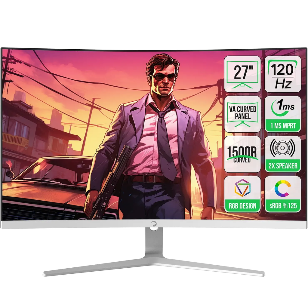 GamePower Vivid F20 27" 1500R Curved RGB 120Hz 1ms FHD Va Panel 2x2W Speaker Gaming Monitör, Beyaz