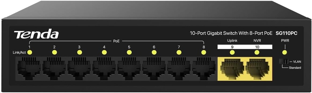 Tenda 10 Port 8 Port PoE+ 10-100-1000 Mbps 2 Port Uplink Çelik Kasa Switch