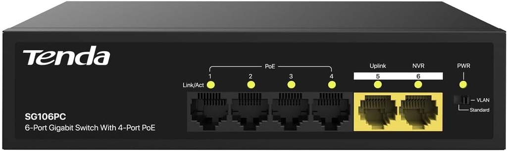 Tenda 6 Port 6 Port PoE+ 10-100-1000 Mbps 2 Port Uplink Çelik Kasa Switch