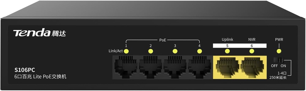 Tenda 6 Port 6 Port PoE+ 10-100- Mbps 2 Port Uplink Steel Case Switch