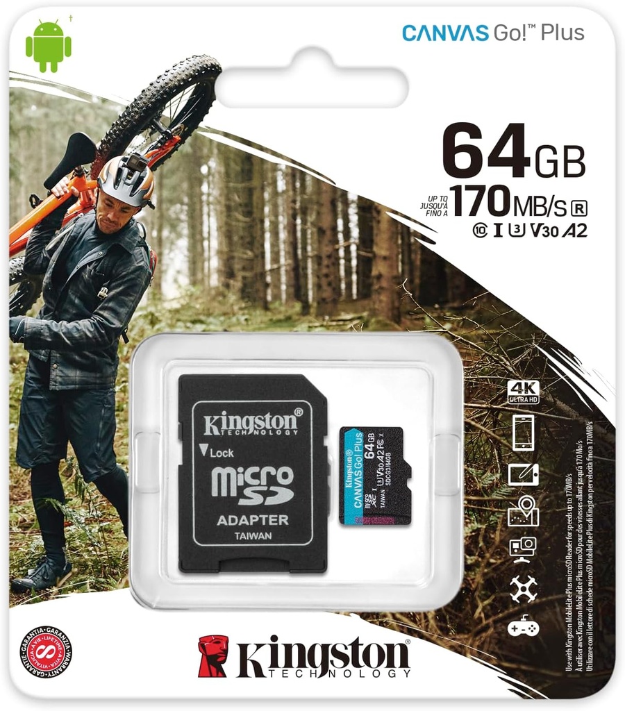 Kingston Canvas Go Plus SDCG3/64GB Class10 UHS-I U3 A2 V30 64 GB Micro SD Kart