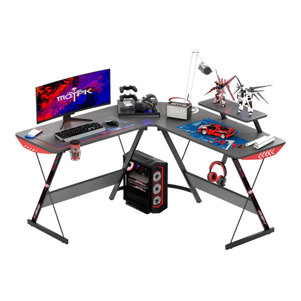 GameOn Slayer I Series, 129x129x74 CM L-Shaped Gaming Desk with Adjustable Foot Pads, Black