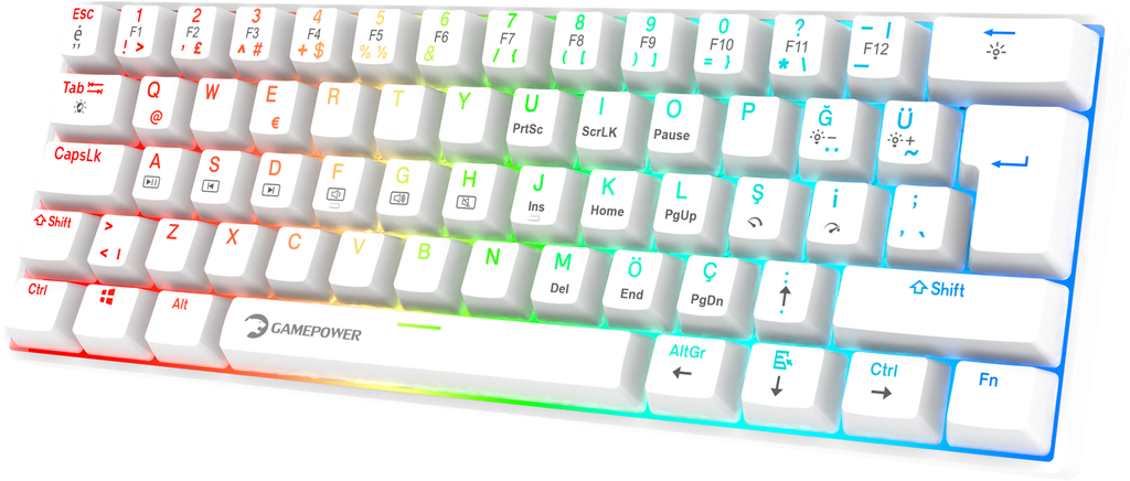 GamePower Lyra RGB 60M 62 Tuş Mekanik Kablolu Blue Switch Klavye, Beyaz