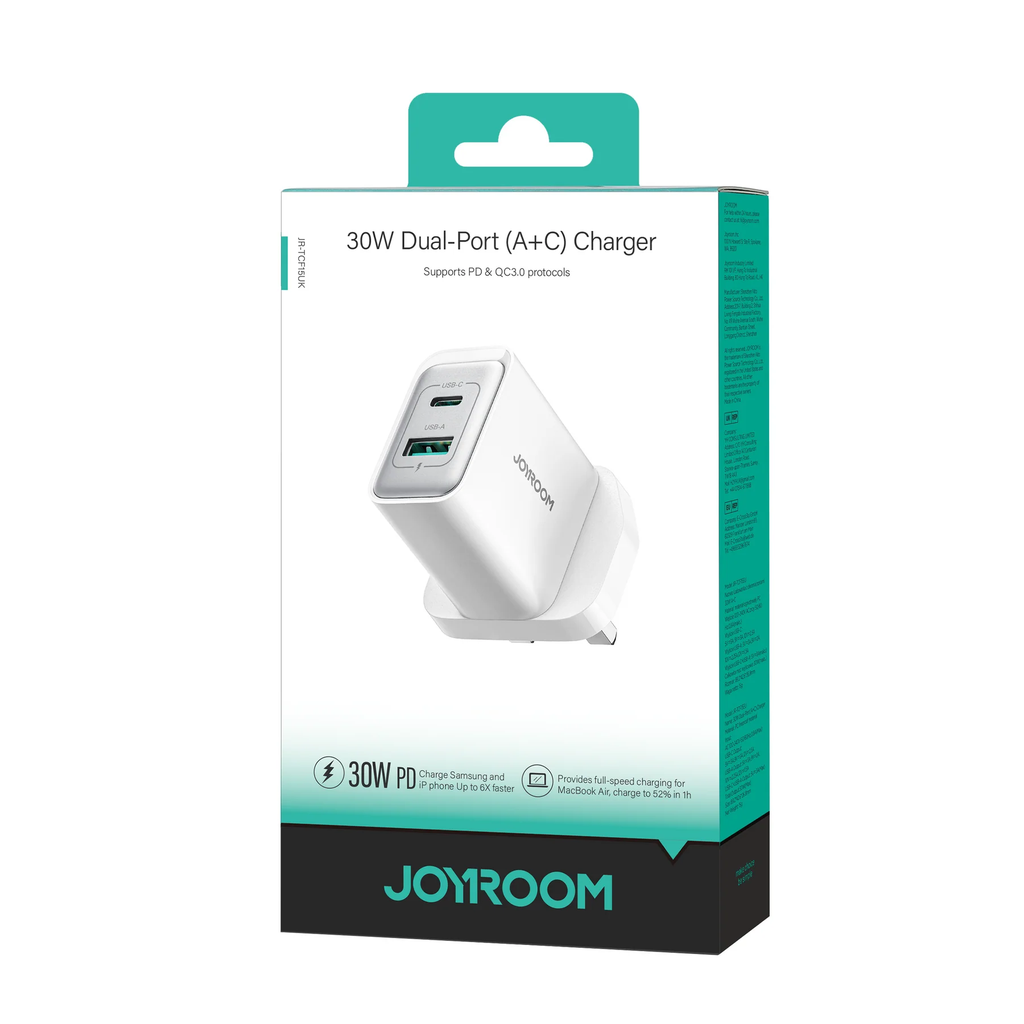 [JR-TCF15] Joyroom JR-TCF15 30W Dual-Port (A+C) Fast Charging Adapter, White