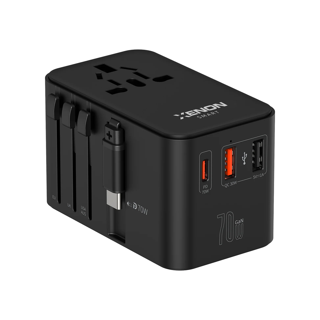 Xenon Smart X6411 Power Adapter, 70W GaN Fast Charging, 200+ Countries, Built-in USB-C Cable, USB-C, 2x USB-A