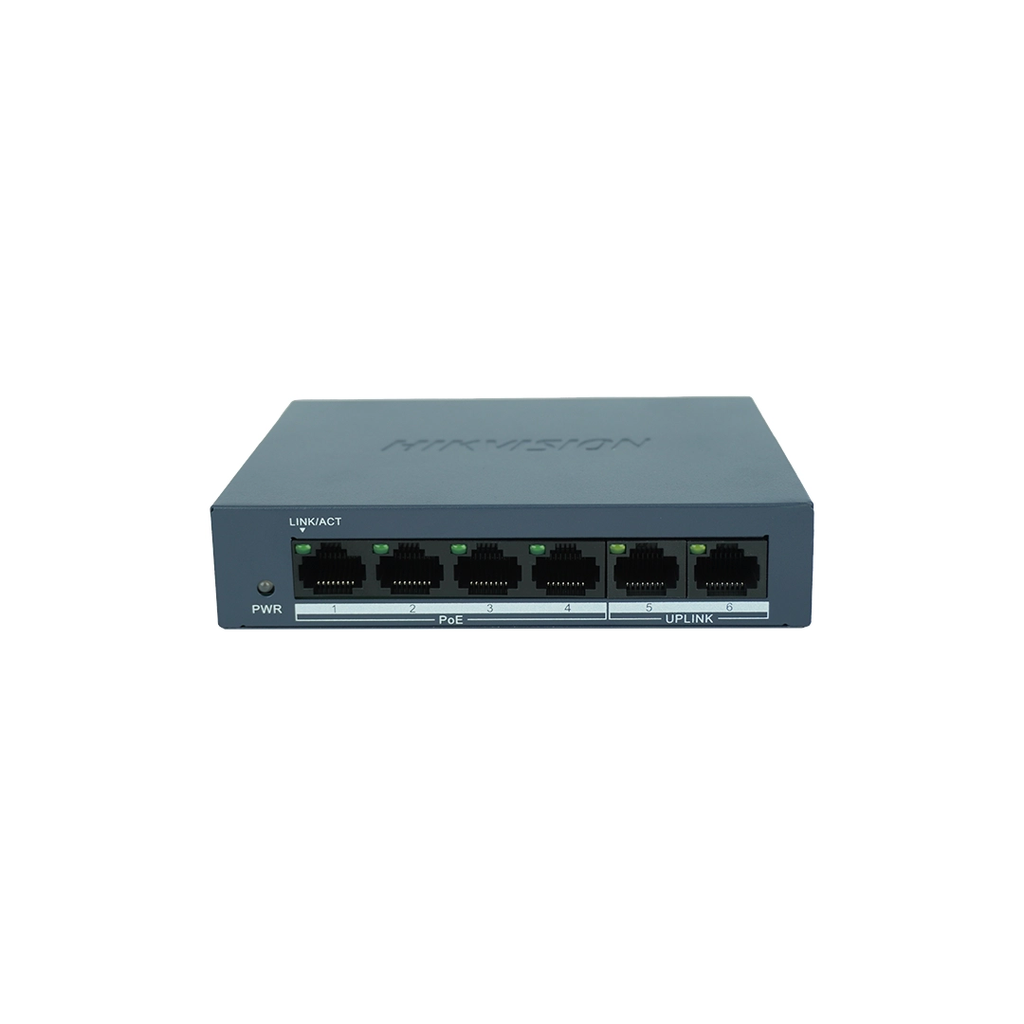 Hikvision DS-3E0106MP-E/M 4 Port Fast Ethernet Unmanaged PoE Switch, 2 Uplink Port, 45W PoE Gücü