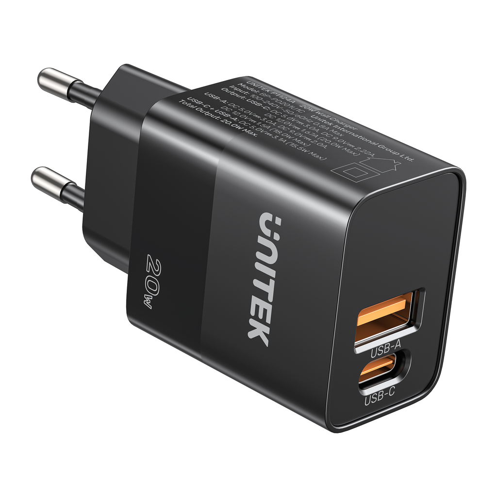 Unitek P1124ABK-EU 20W Fast Charging Adapter 1x USB-C 1x USB-A PD Charger