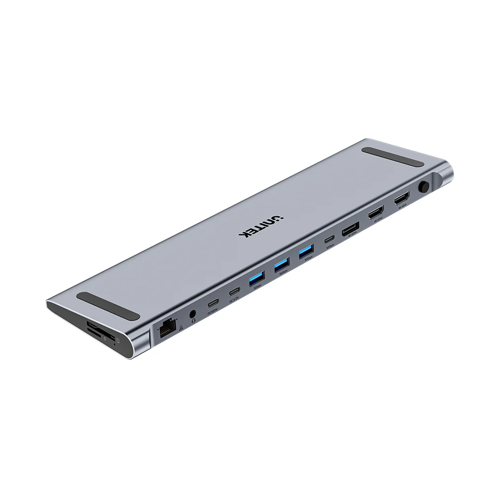 Unitek D1106AGY01 uHUB15+ USB-C KVM Docking Station with Triple 4K HDMI, DisplayPort, 100W PD, and Dual Host Support.